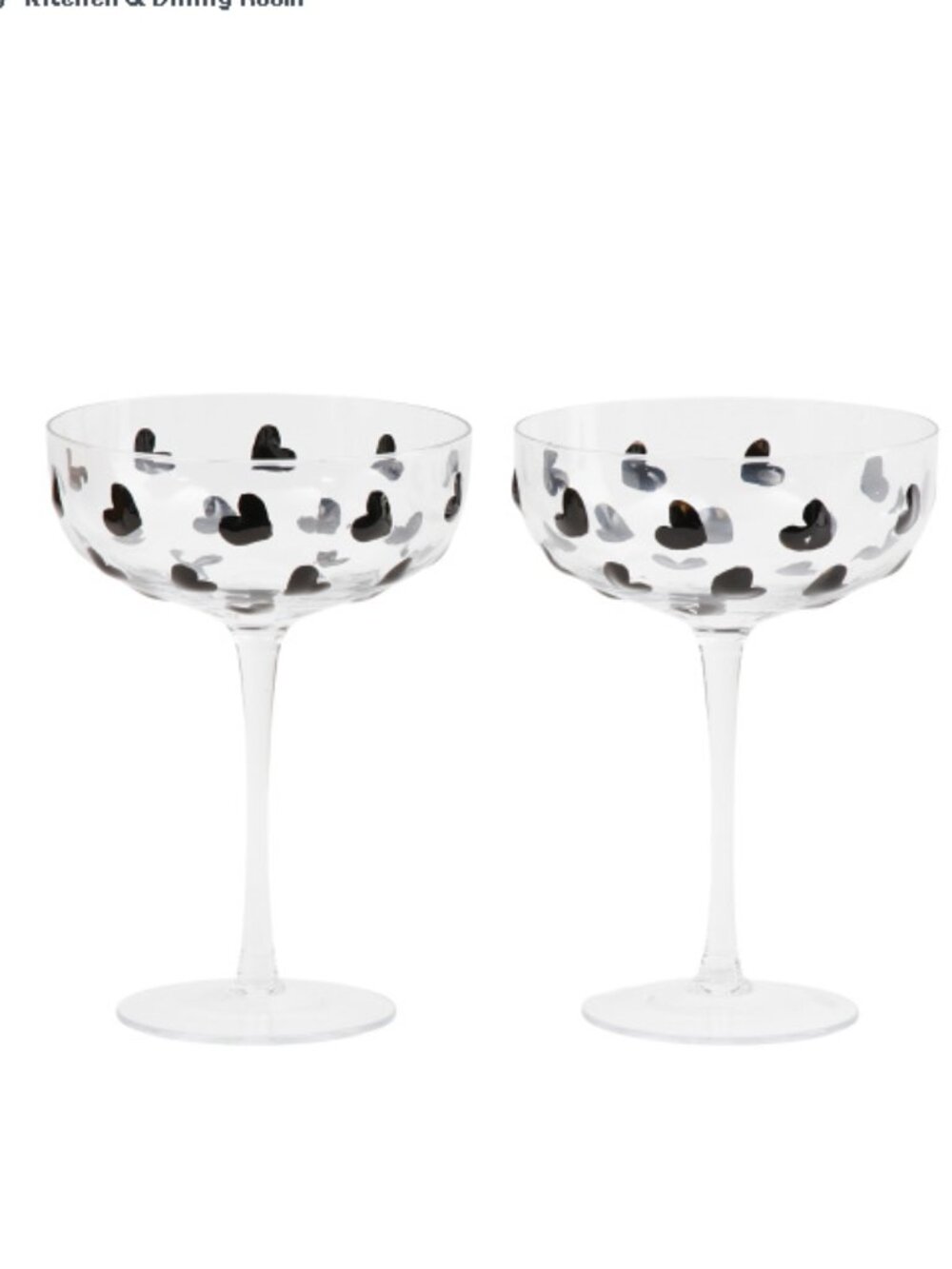 HEARTS AND KISSES Set Of 2 Heart Coupe Glasses - NEW IN BOX